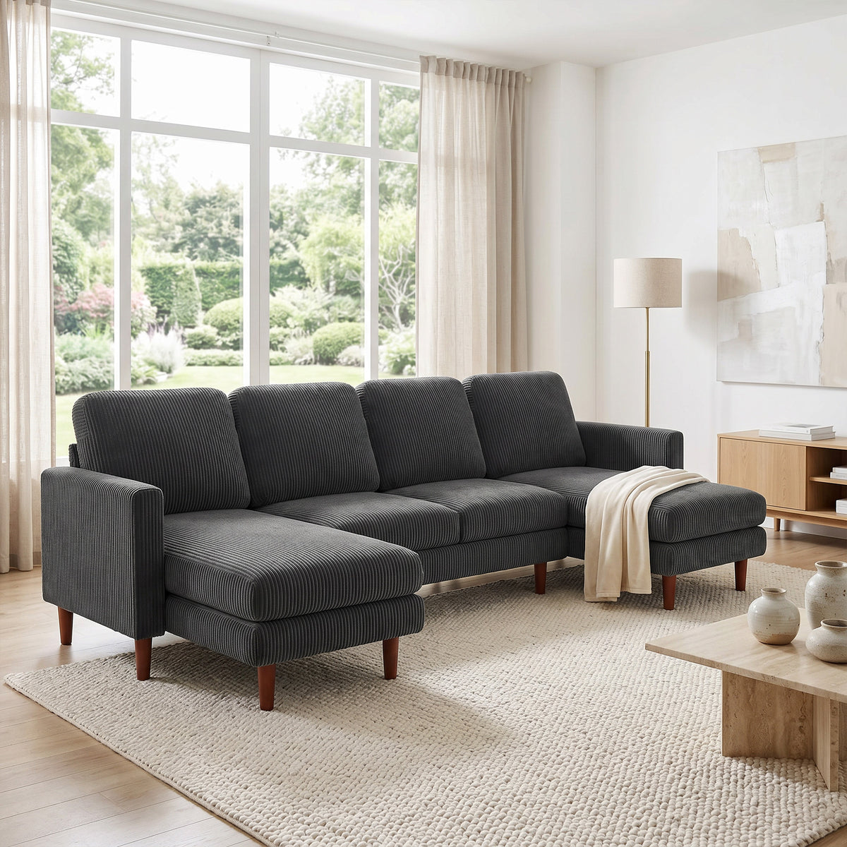 Sectional Sofa, U Shaped Couch with Double Chaise, Pillow-top Armrests and Spring Cushions, 2200lb Capacity, Dark Grey