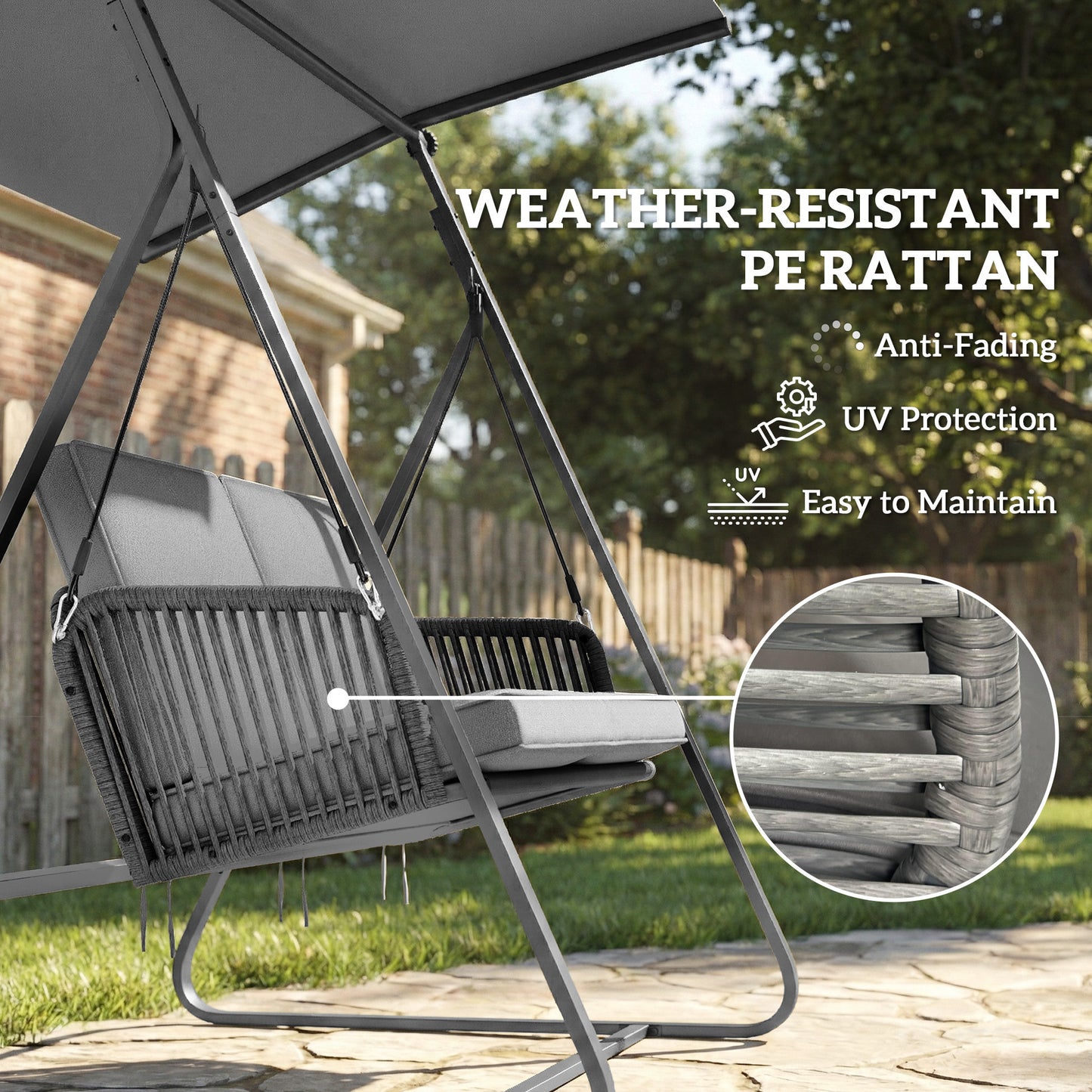 2-Person Outdoor Patio Porch Swing with Adjustable Canopy, Rattan Hanging Swing Bench with Soft Cushions