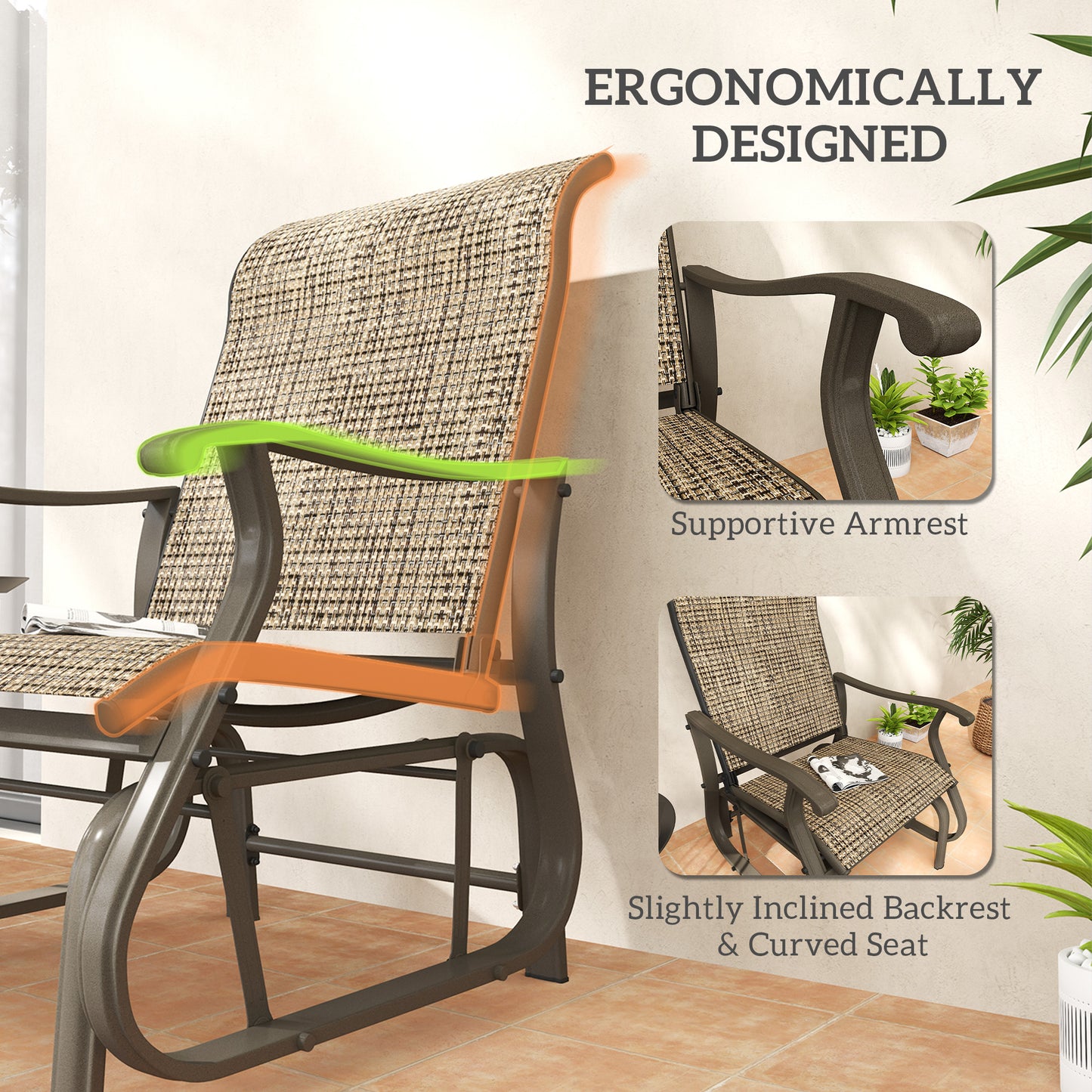 Outdoor Glider Chair, Patio Glider with Steel Frame and Mesh Fabric, Outdoor Patio Chair for Backyard, Garden and Porch, Light Mixed Brown