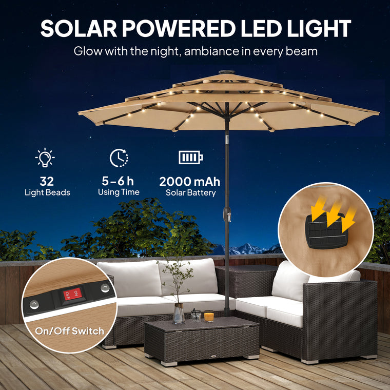 9.3' Khaki Market Umbrella with Solar LED Lights & Tilt Crank