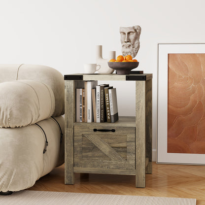 Farmhouse End Table with Drawer and Shelf - Grey