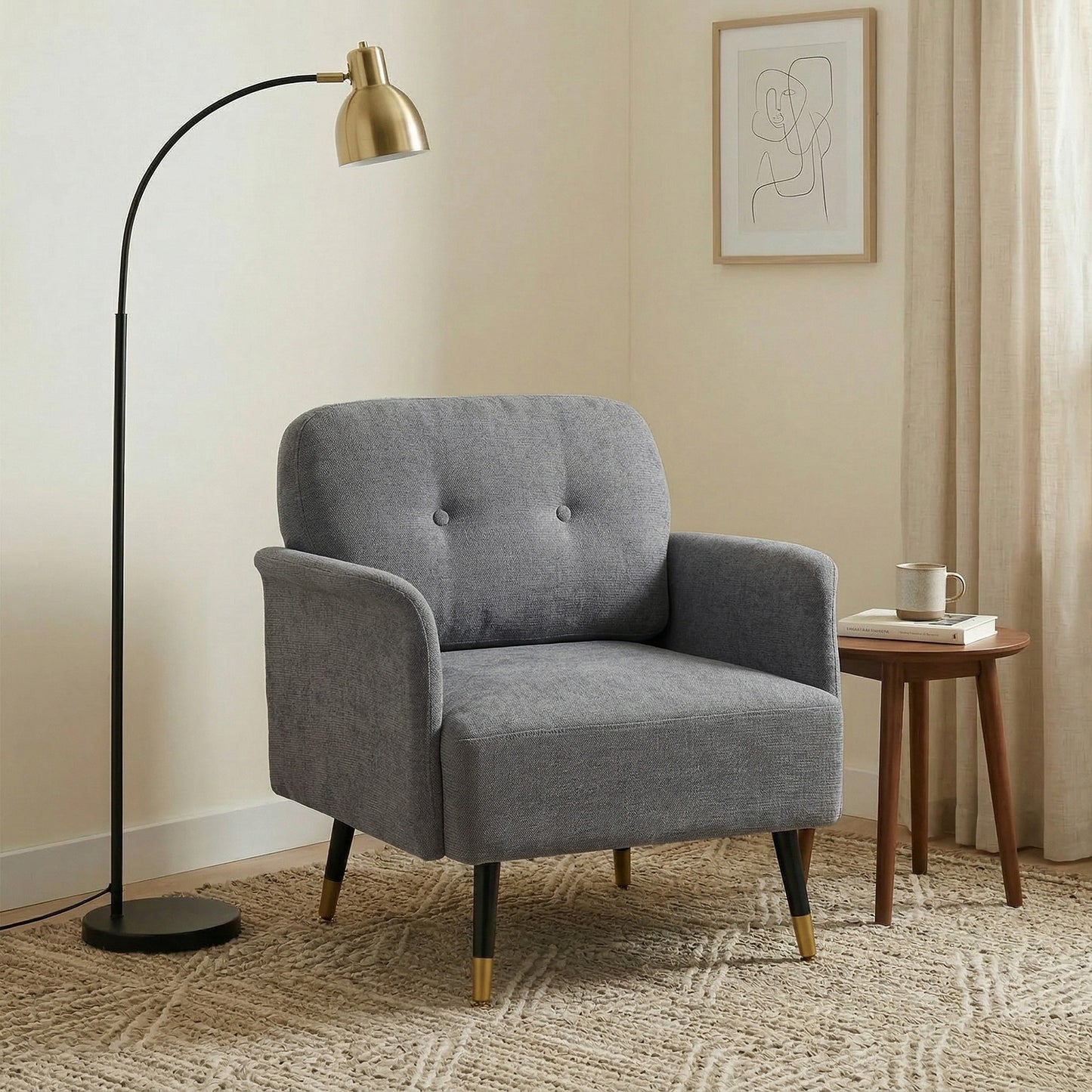 Accent Chair Modern Tufted with Metal Legs Upholstered Reading Armchair for Living Room Grey
