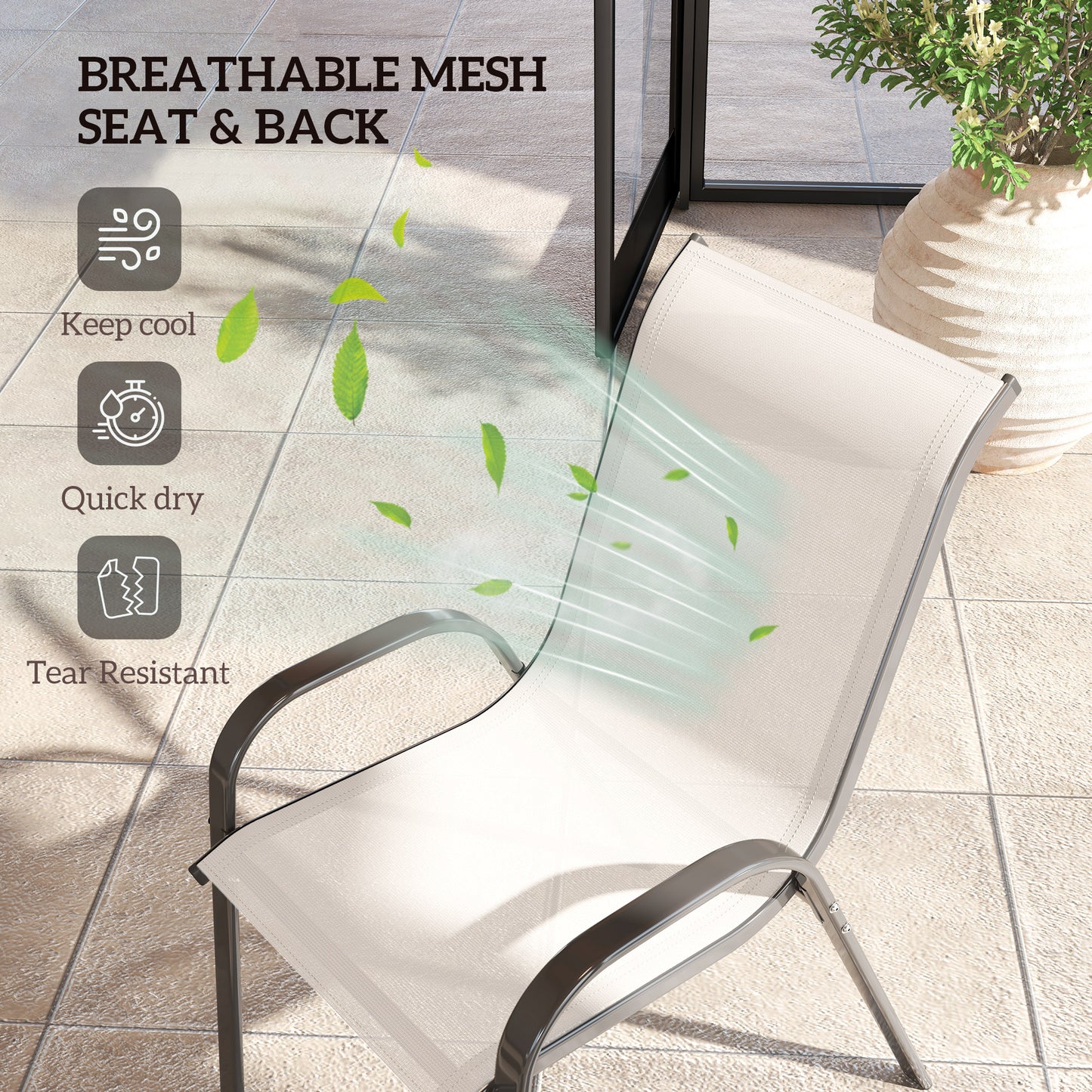 Set of 2 Outdoor Dining Chairs, Stackable Lawn Chairs with High Back, Breathable Mesh Seat for Garden Porch, Black
