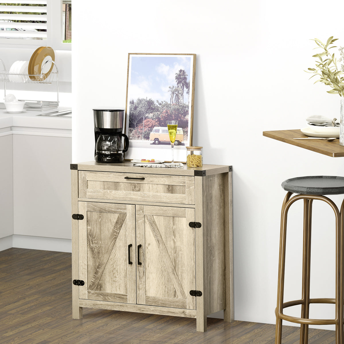 Farmhouse Kitchen Storage Cabinet, Sideboard Buffet Cabinet with 2 Rustic Barn Doors and Drawer, Oak