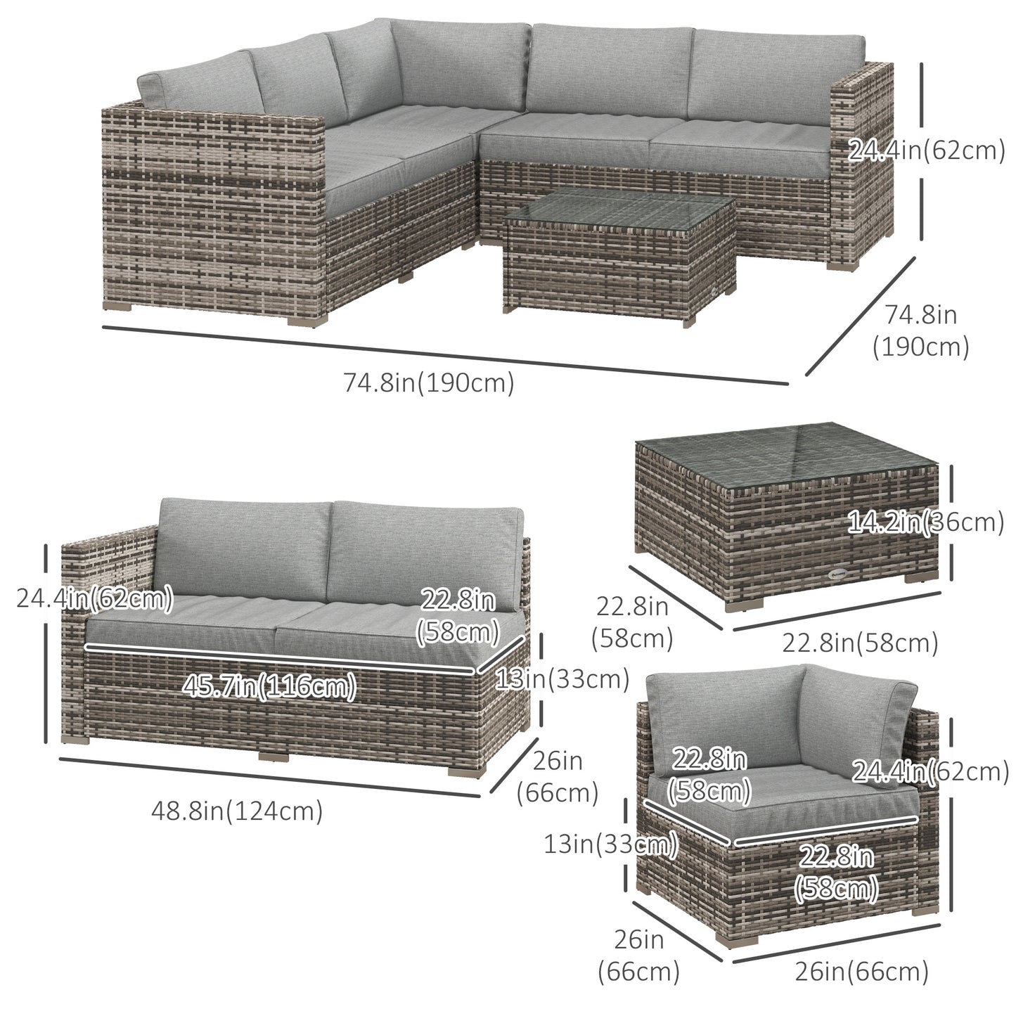 4 Pieces Rattan Wicker Outdoor Conversation Furniture Set w/ Corner Sofa Loveseats Coffee Table Cushions, Grey
