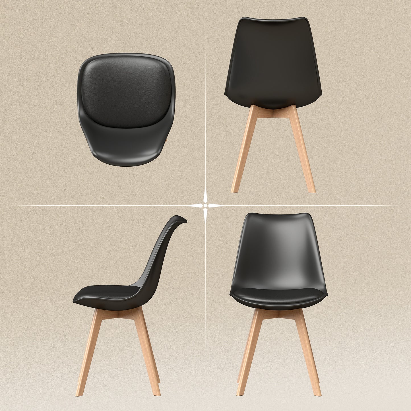 Modern Dining Table Chairs Set of 6, Rubber Wood Kitchen Table Chairs with PU Leather Cushion for Living Room, Bedroom