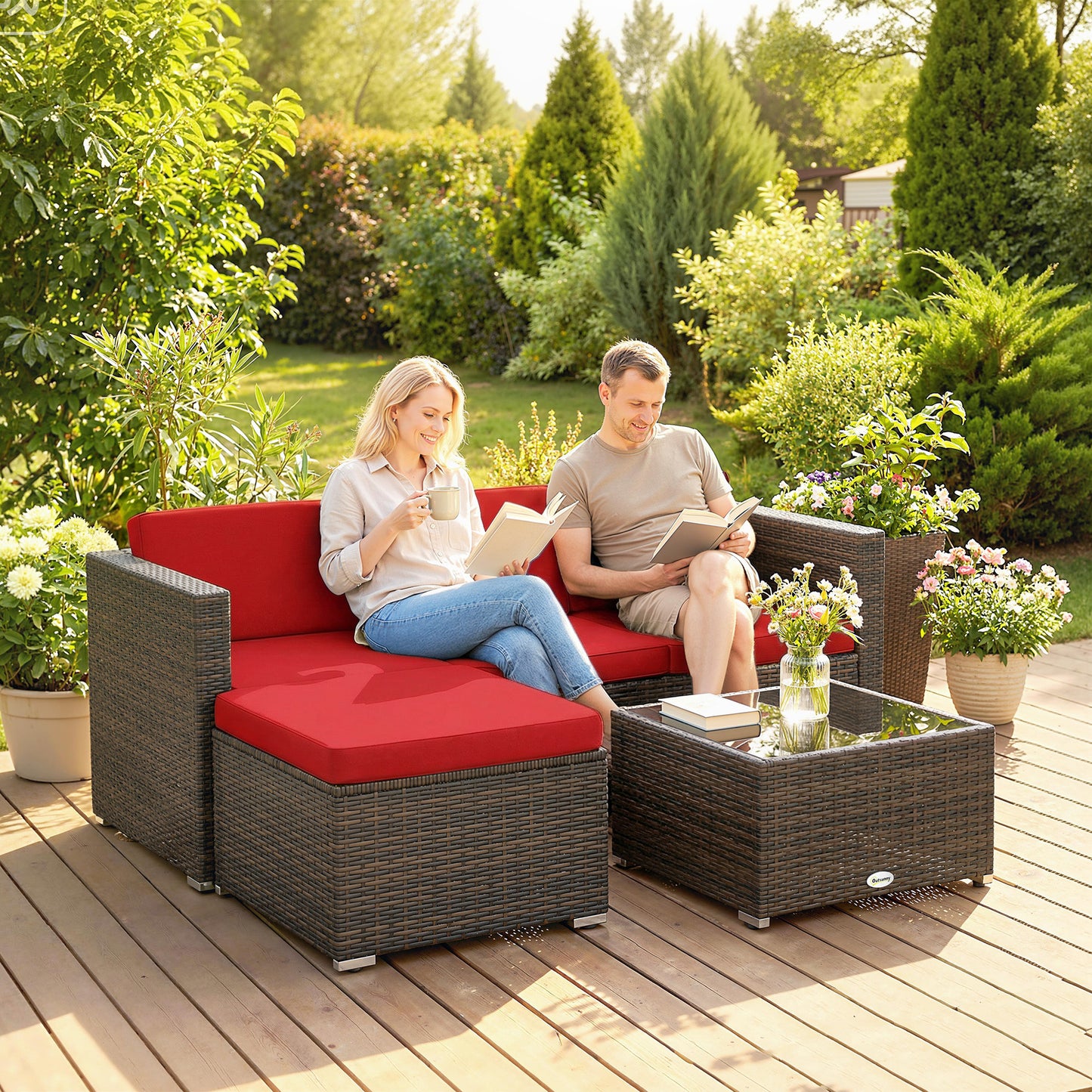 3 Pieces Patio Furniture Set with Cushions, Outdoor PE Rattan Wicker Conversation Corner Sofa Set with Glass Top Table