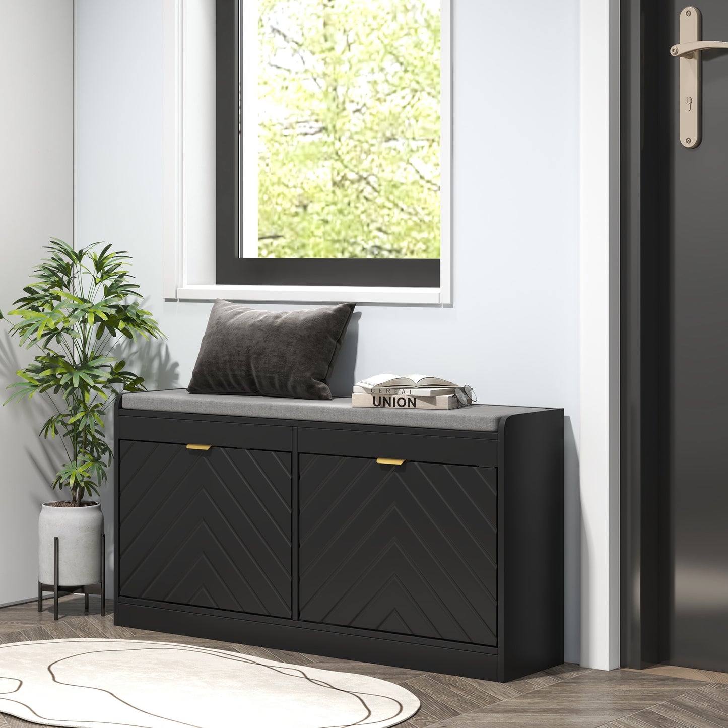 Shoe Storage with Seat, Upholstered Hallway Bench, Shoe Bench with 2 Flip Drawers and 4 Vents for 8 Pairs of Shoes