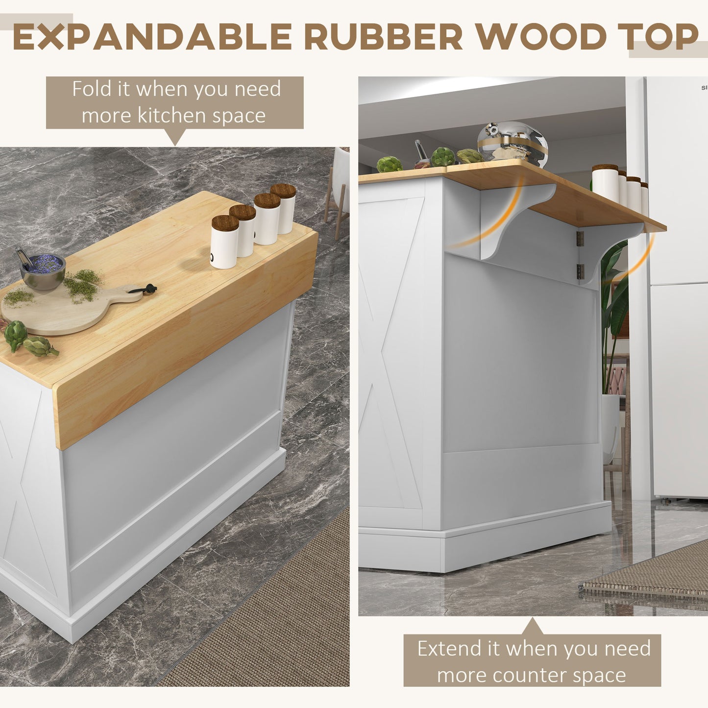 Rolling Kitchen Island with Drop Leaf Wood Breakfast Bar, Farmhouse Kitchen Cart with 2 Drawers, Adjustable Shelves for Dining Room, White