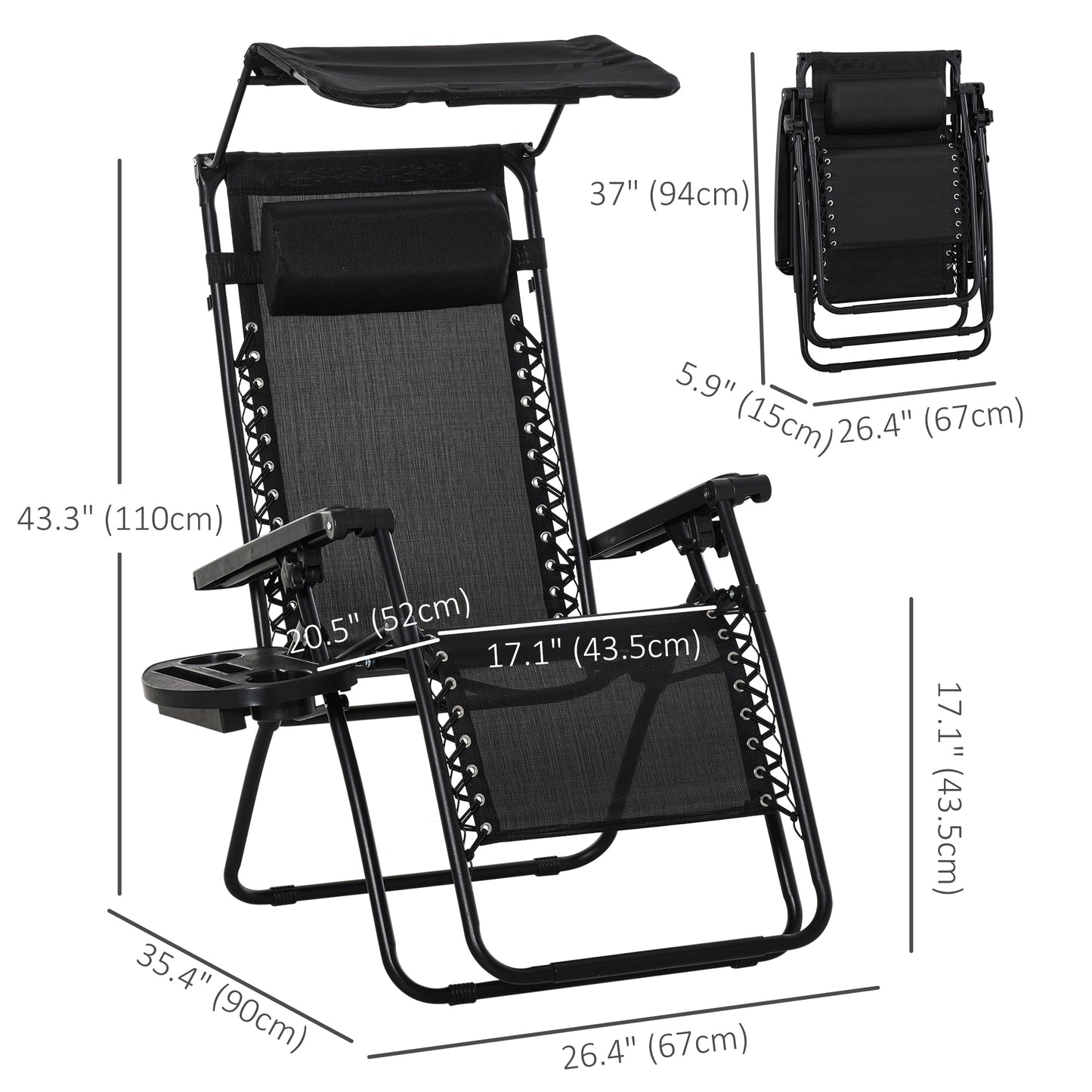 Outdoor Zero Gravity Reclining Lounger Chair with Canopy Shade, Side Tray, Cupholder, Beige