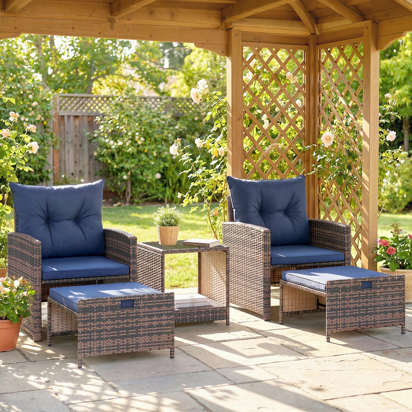 5 Piece Patio Furniture Set, Wicker Patio Chairs with Ottomans, 2-Tier Glass Coffee Table and Cushions, Brown/Dark Grey - Dark Blue