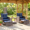 5 Piece Patio Furniture Set, Wicker Patio Chairs with Ottomans, 2-Tier Glass Coffee Table and Cushions, Brown/Dark Blue