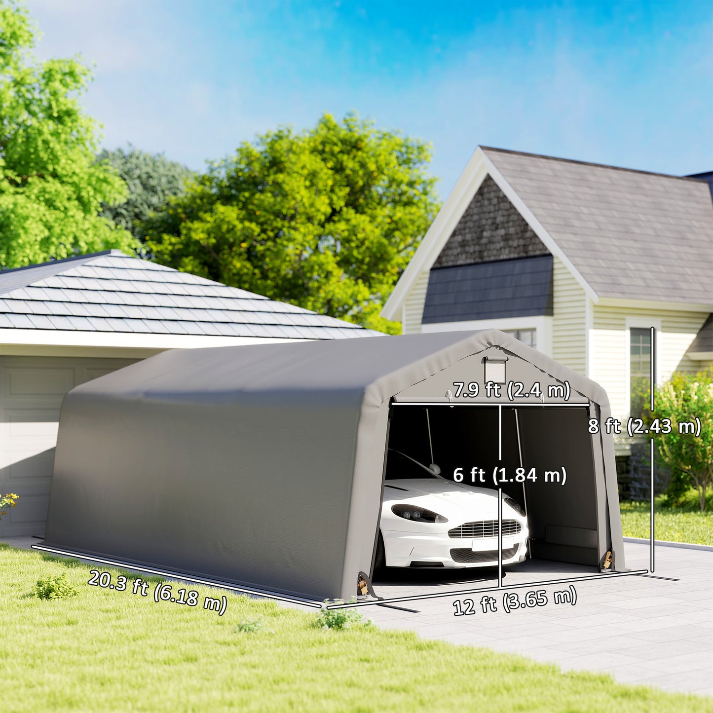 Portable Garage, Heavy Duty Carport Canopy with Ventilation Windows and Large Roll-up Door, Dark Grey