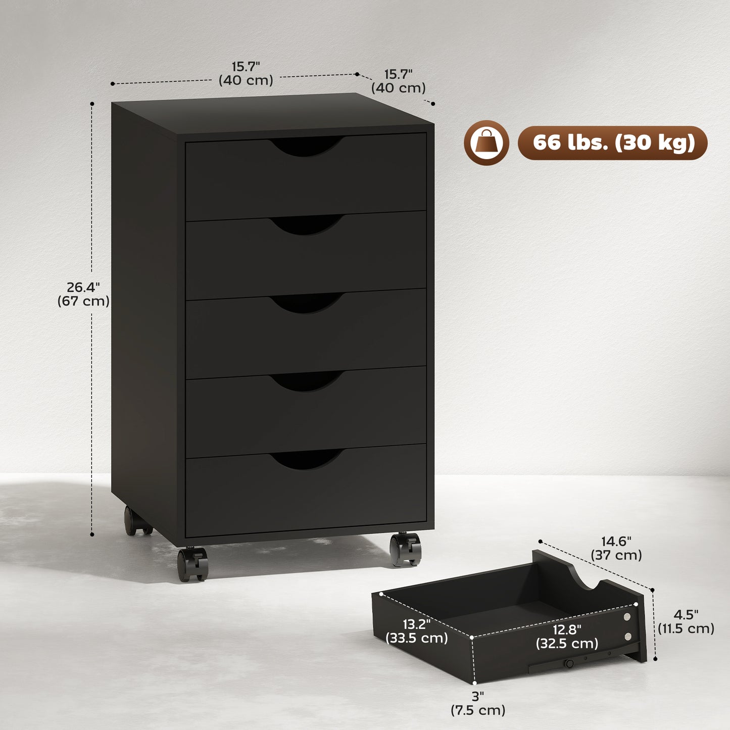 File Cabinet with 5 Drawer Wheels, 15.7" x 15.7" x 26.4", Black