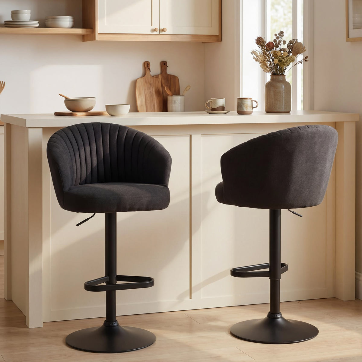 Adjustable Bar Stools Set of 2, Upholstered Kitchen Stools with Swivel Seat, Steel Frame, Footrest, Black