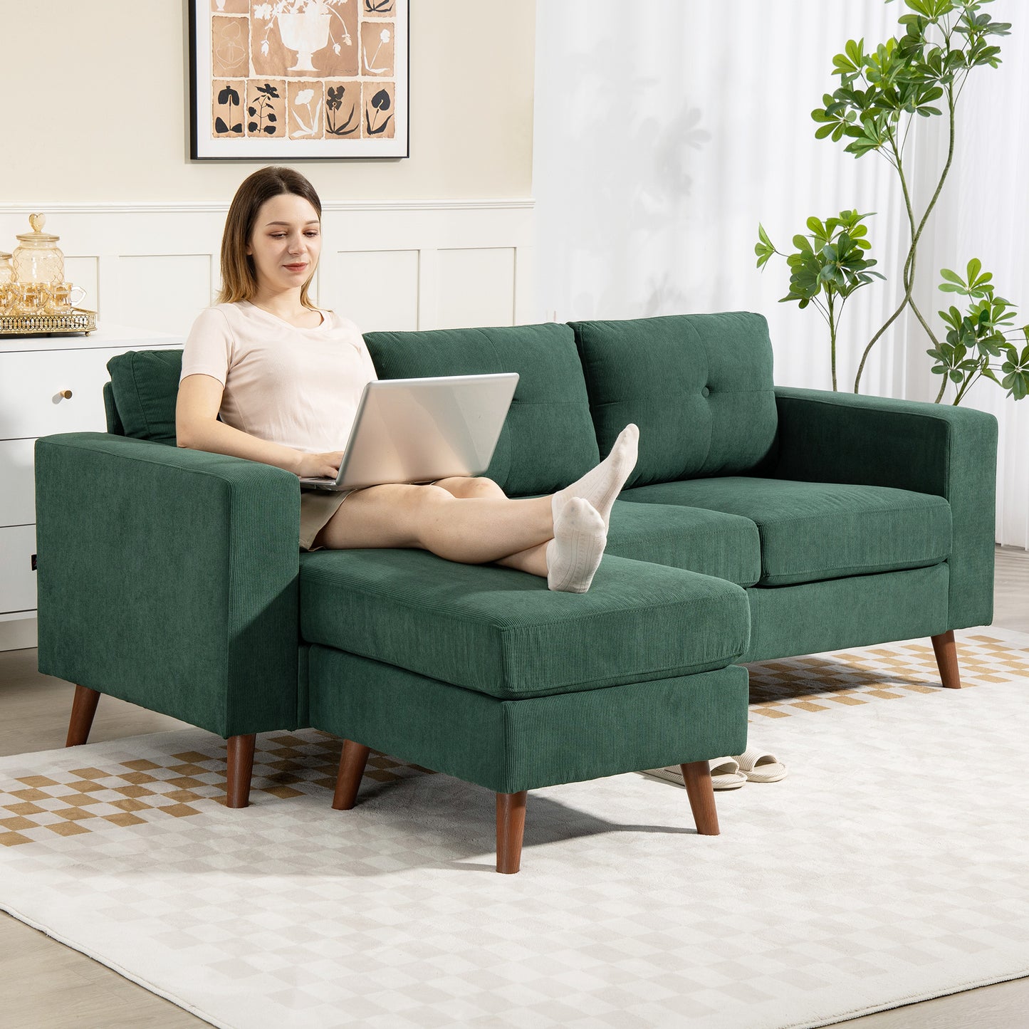 Sectional Sofa with Changeable Chaise Lounge, 3 Seat L-Shaped Sofa, Upholstered Couch for Small Space, Dark Green