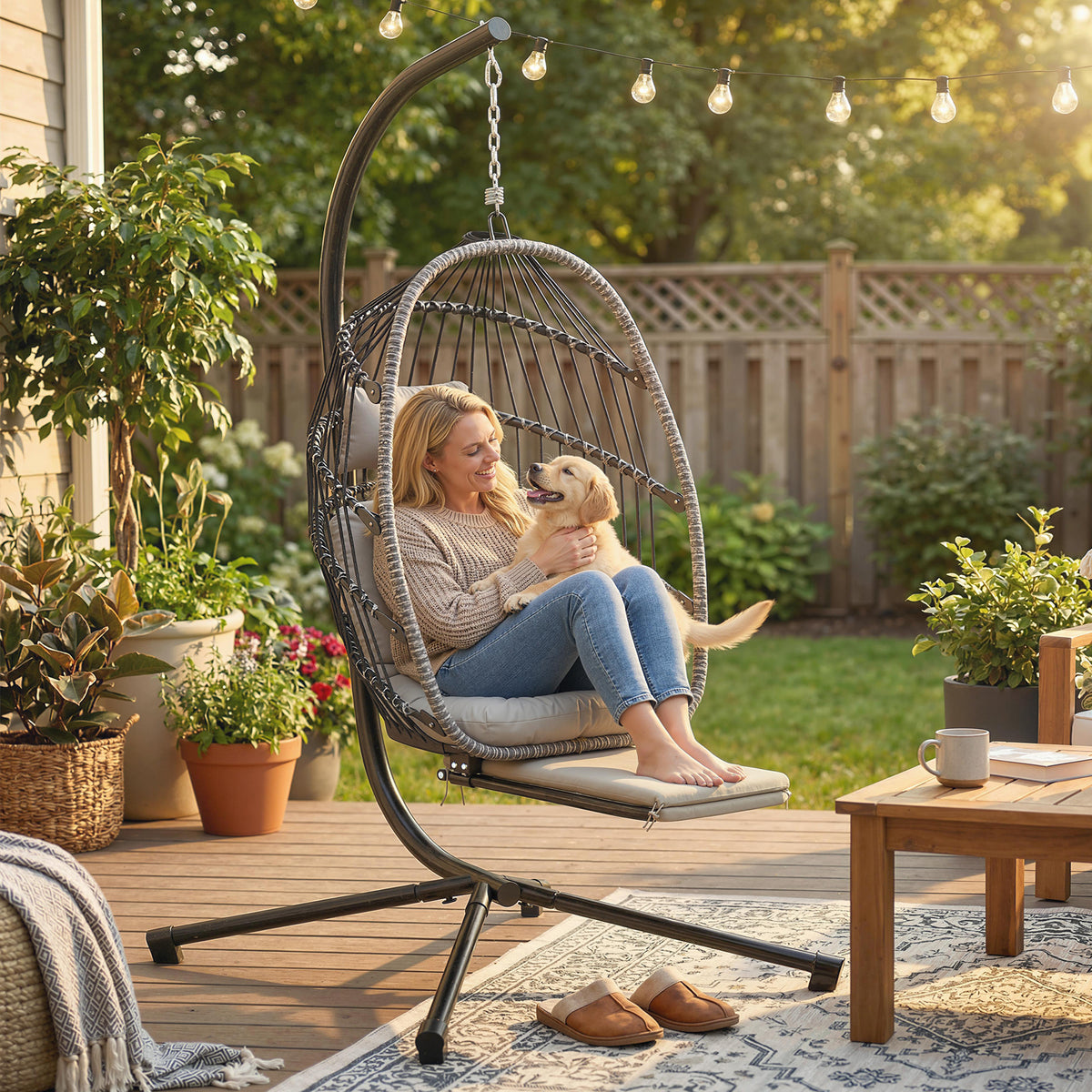 Outdoor Hanging Egg Chair with Retractable Footrest Swing Chair with Metal Stand Light Grey