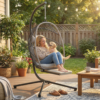 Hanging Egg Chair with Retractable Footrest and Metal Stand