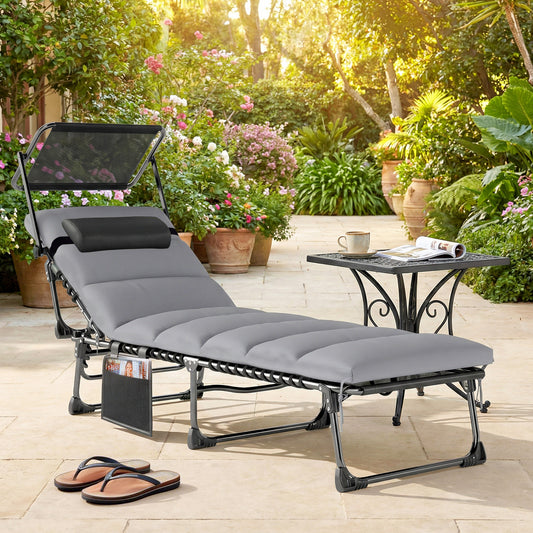 Lounge Chair Outdoor, Folding Chaise Lounge with 5-Level Adjustable Back, Cushion, Side Pocket and Headrest