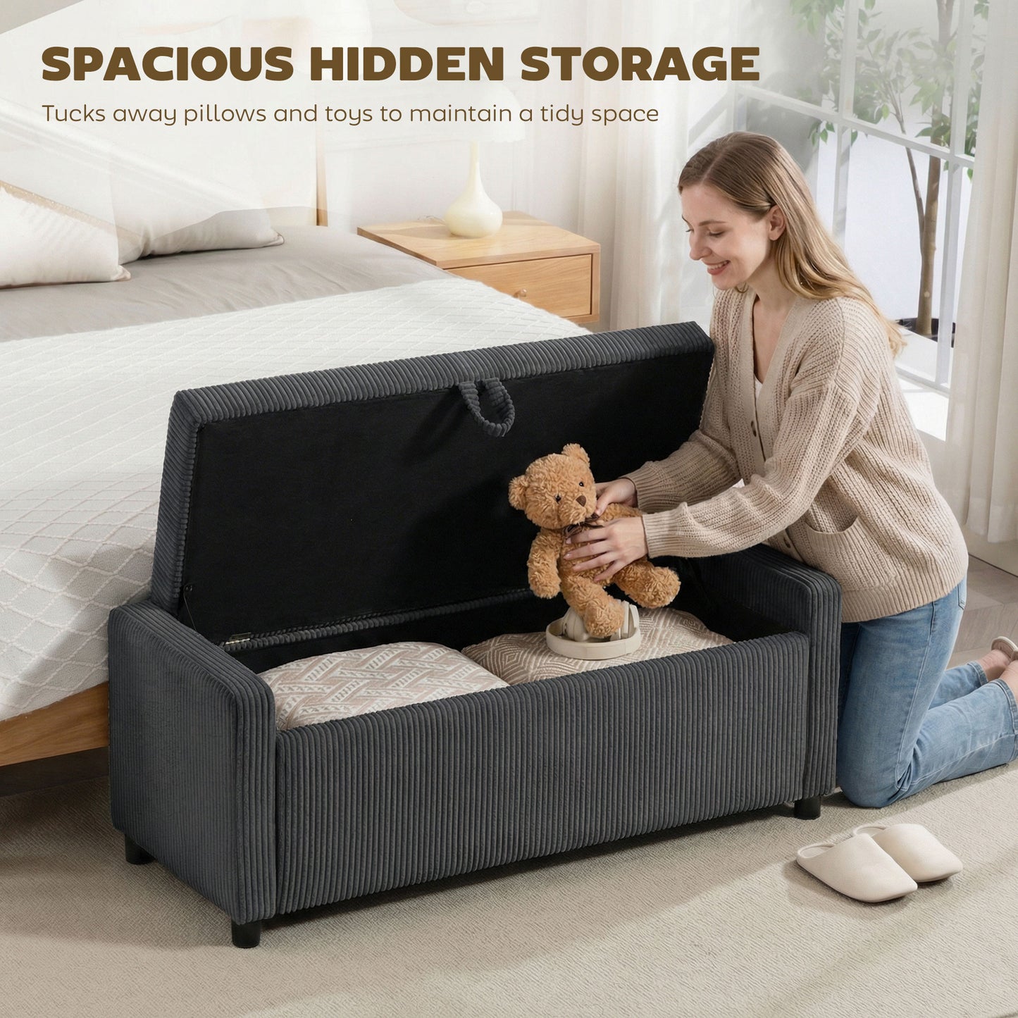 Storage Ottoman, Upholstered Corduroy End of Bed Bench with Thick Padding, Storage Bench for Bedroom, Dark Grey