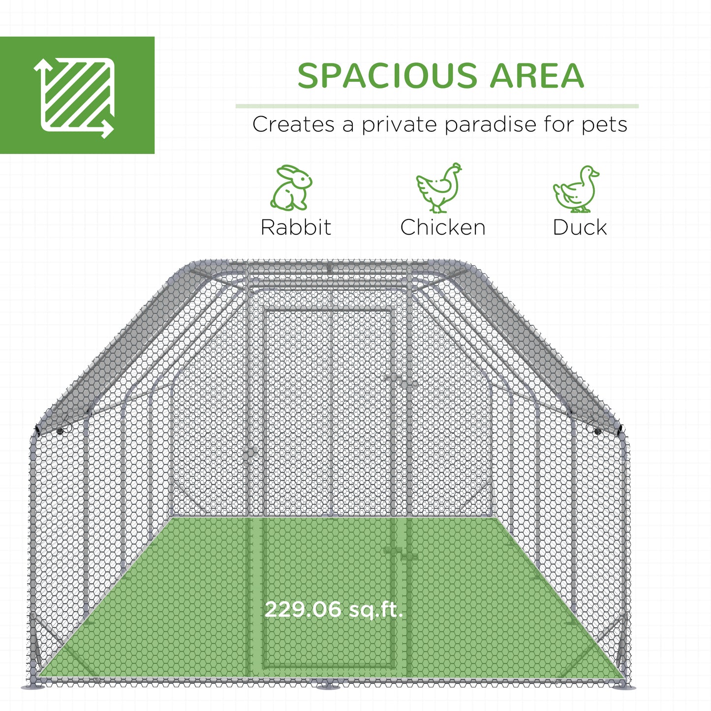 Chicken Run Outdoor, Galvanized Large Metal Chicken Coop Cage, Walk-in Enclosure Poultry Hen Run House Playpen Rabbit Hutch with Flat Roof, Cover