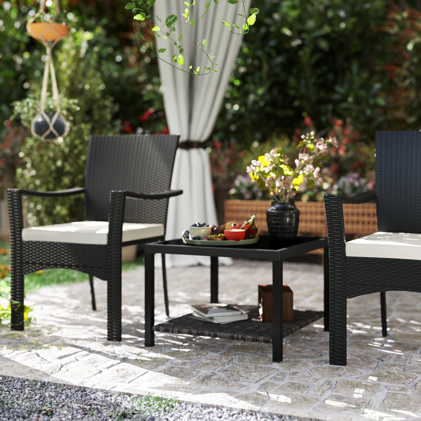 23.6" Rattan End Table, Outdoor Coffee Table with Tempered Glass Top, Storage Shelf for Patio, Garden, Balcony, Black