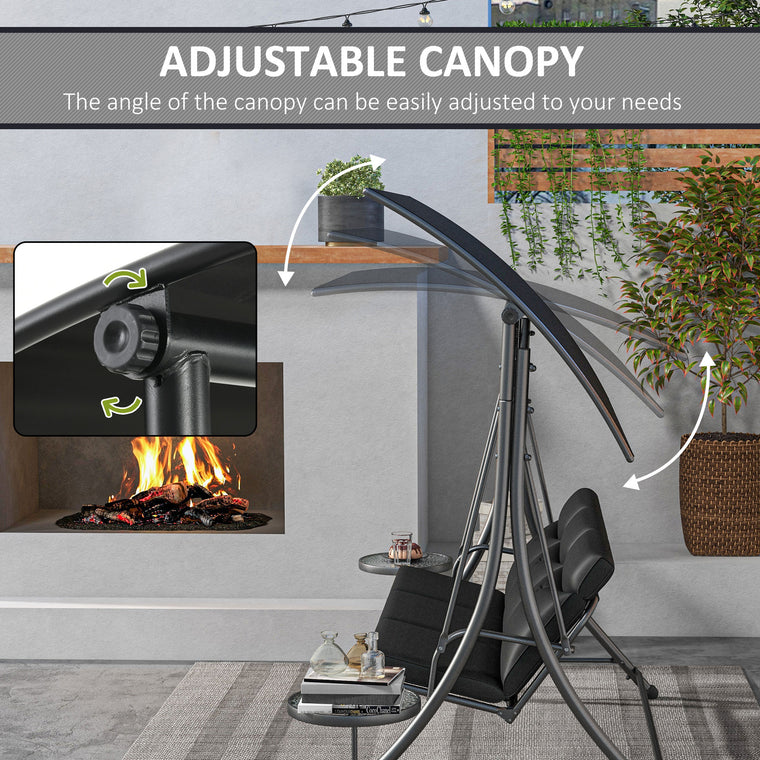 Black Steel Swing Bench with Adjustable Canopy and Table