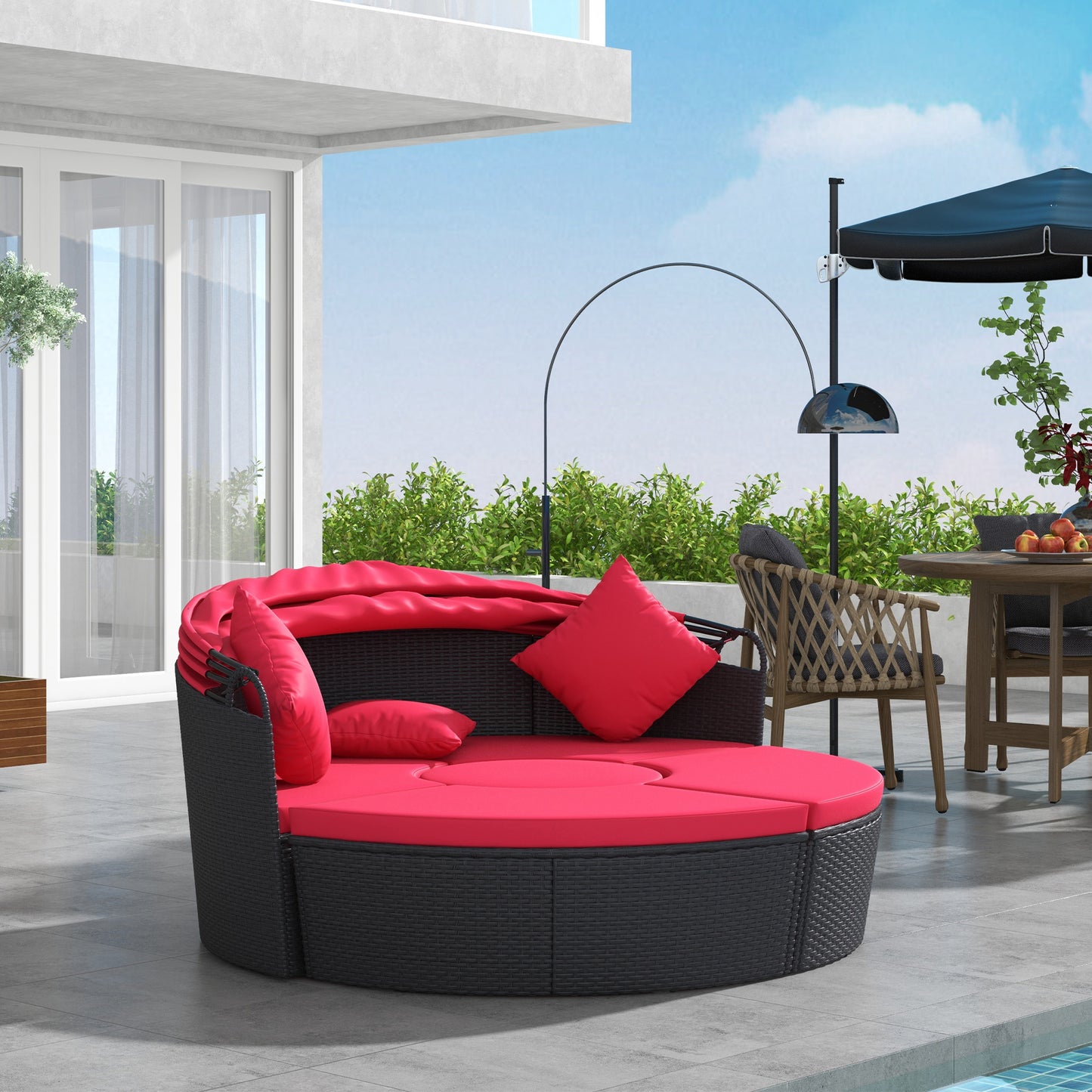 4 Pieces Outdoor Daybed with Retractable Canopy, Wicker Lounger Bed, Conversation Furniture Set, Dark Blue