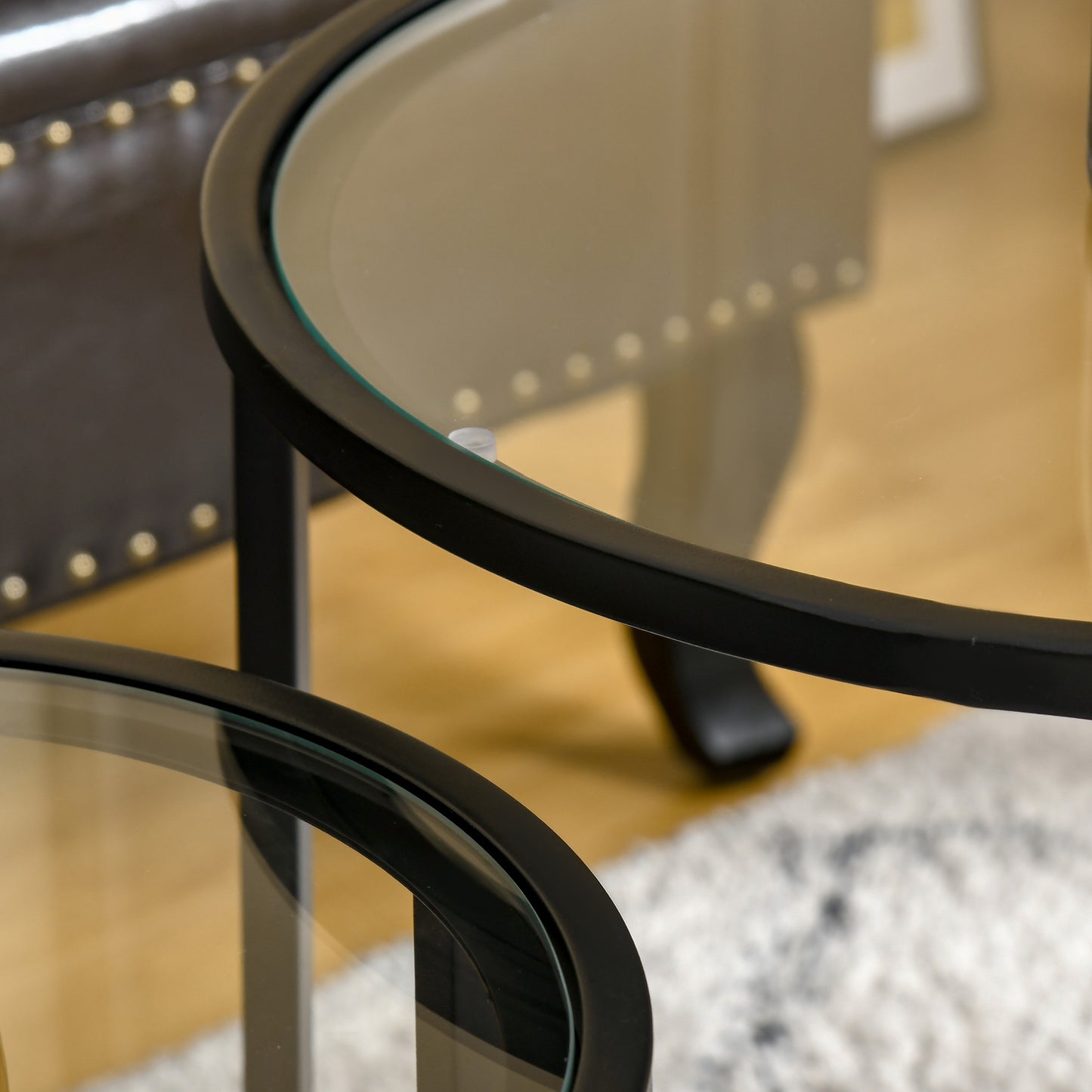 Set of 2 Nesting Coffee Tables with Metal Base, Round Side Table with Tempered Glass Tabletop for Living Room, Bedroom, Black
