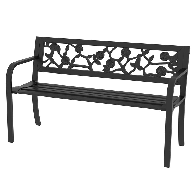 Black Metal Patio Loveseat with Floral Backrest