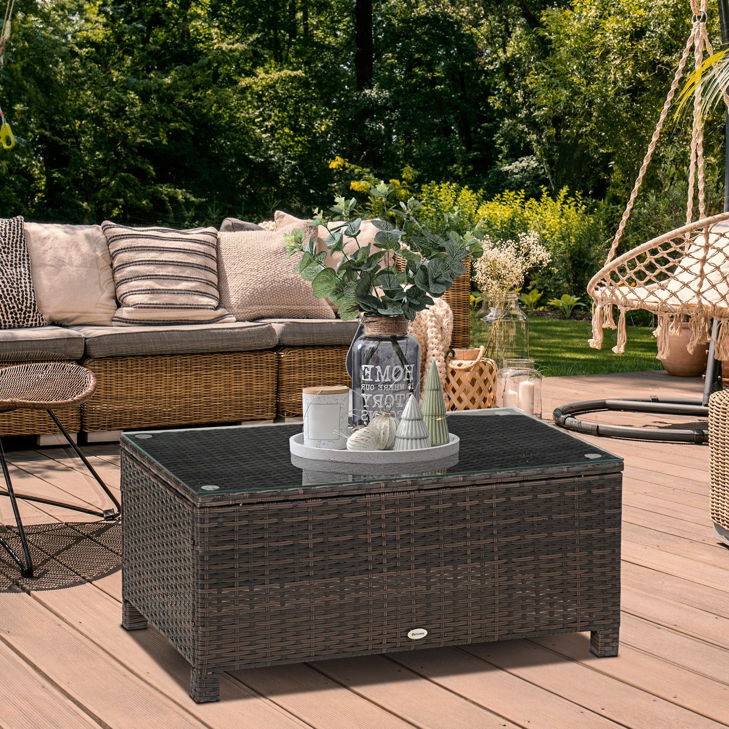 Rattan Wicker Coffee Table with Glass Top Outdoor Garden Patio Furniture Brown Tempered