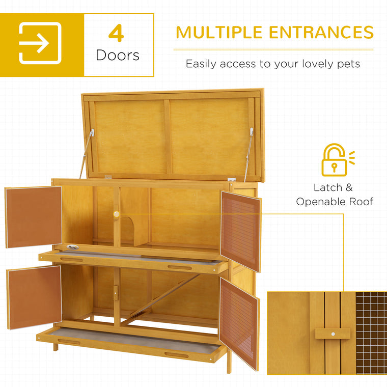 Yellow Wood Rabbit Hutch with 2 Main Houses & Ramp