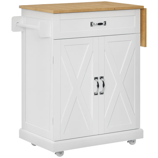 Foldable Rolling Kitchen Island with Drop-Leaf Top - White