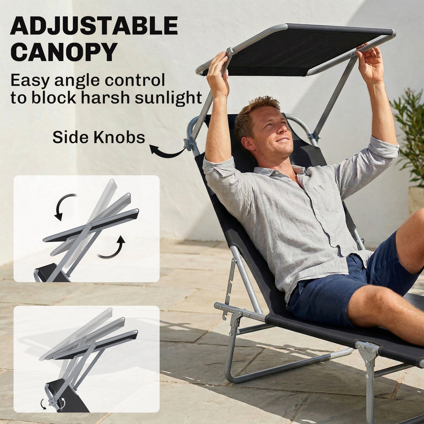 Outdoor Lounge Chair, Adjustable Folding Chaise Lounge, Tanning Chair with Sun Shade for Beach, Camping, Hiking, Backyard, Light Grey