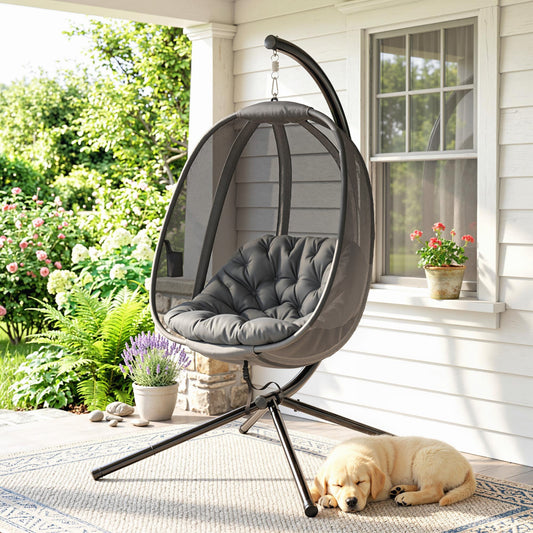 Hanging Egg Chair, Outdoor Indoor Swing Chair with Stand, Folding Basket and Thickened Cushion, Grey