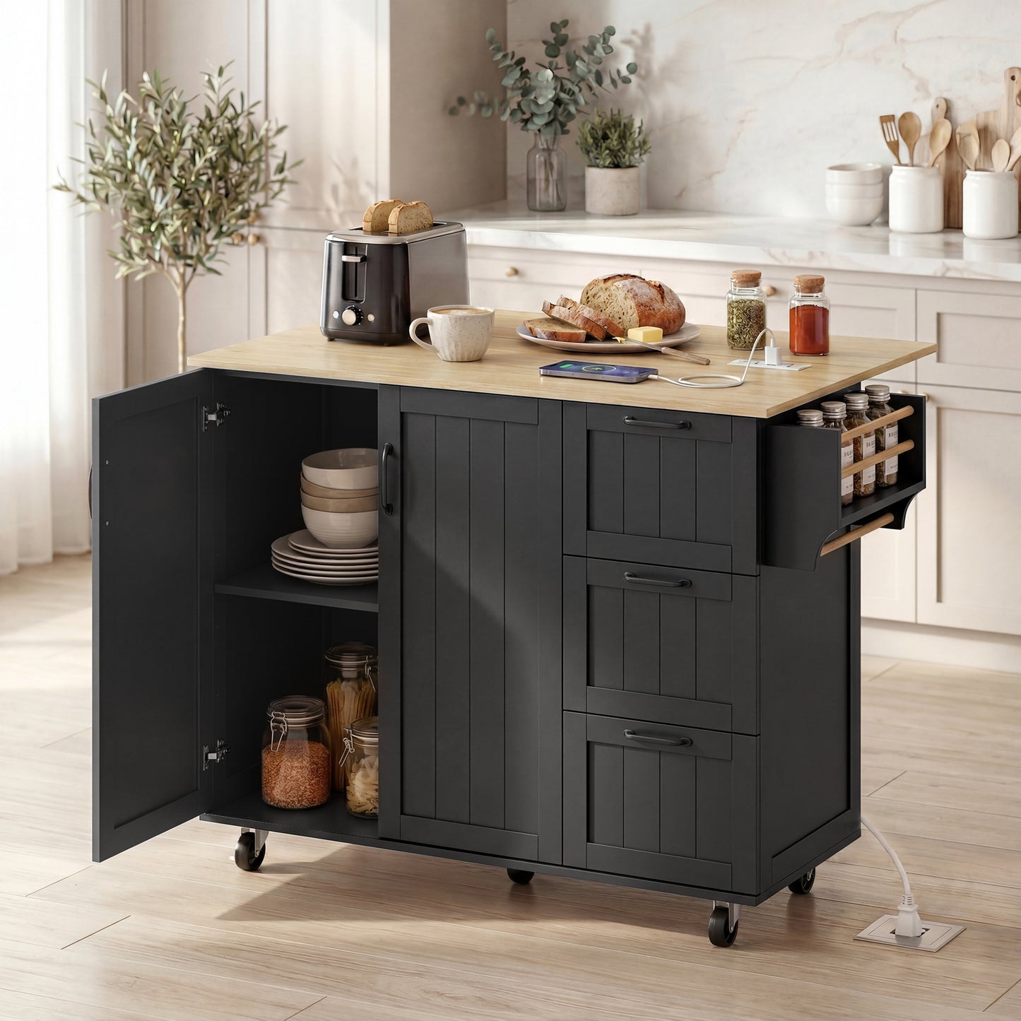 Kitchen Island with Drop Leaf, Rolling Kitchen Cart with Power Outlet, Cabinet, 3 Drawers, Spice Rack, Towel Bar, Black