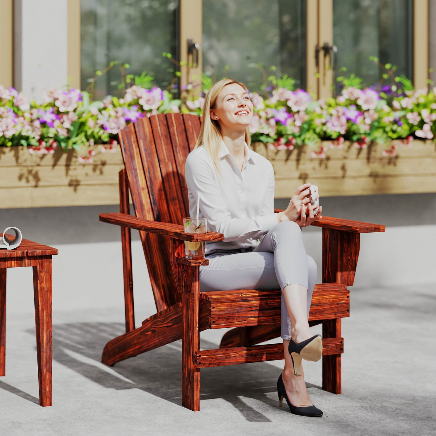 Classic Adirondack Chair, Muskoka Chairs, Garden Deck Chair with Cup Holder for Patio, Indoor, Backyard, Dark Grey