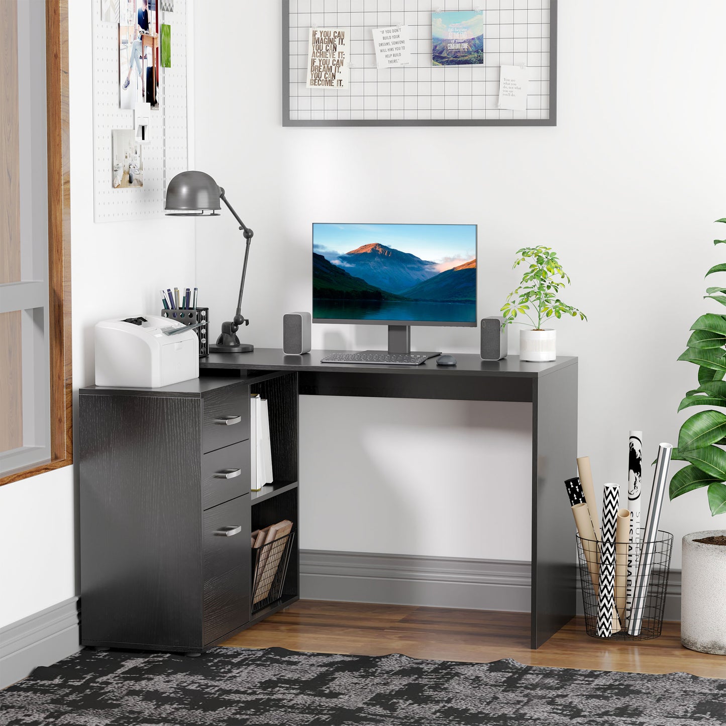 L-Shaped Corner Straight Writing Desk with Storage Shelf, Drawer, Home Office PC Table Computer Workstation, Black