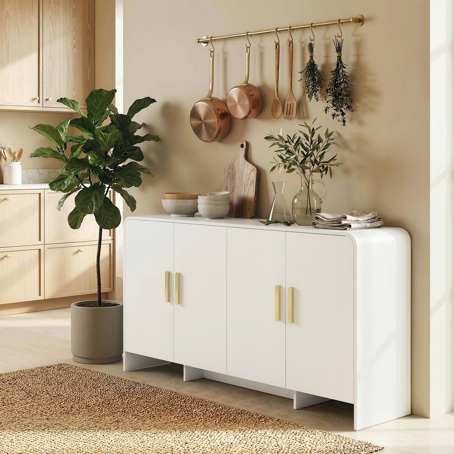 60" Sideboard Buffet Cabinet with Soft Close Doors, TV Stand for TVs up to 72 Inch, White Wood Grain