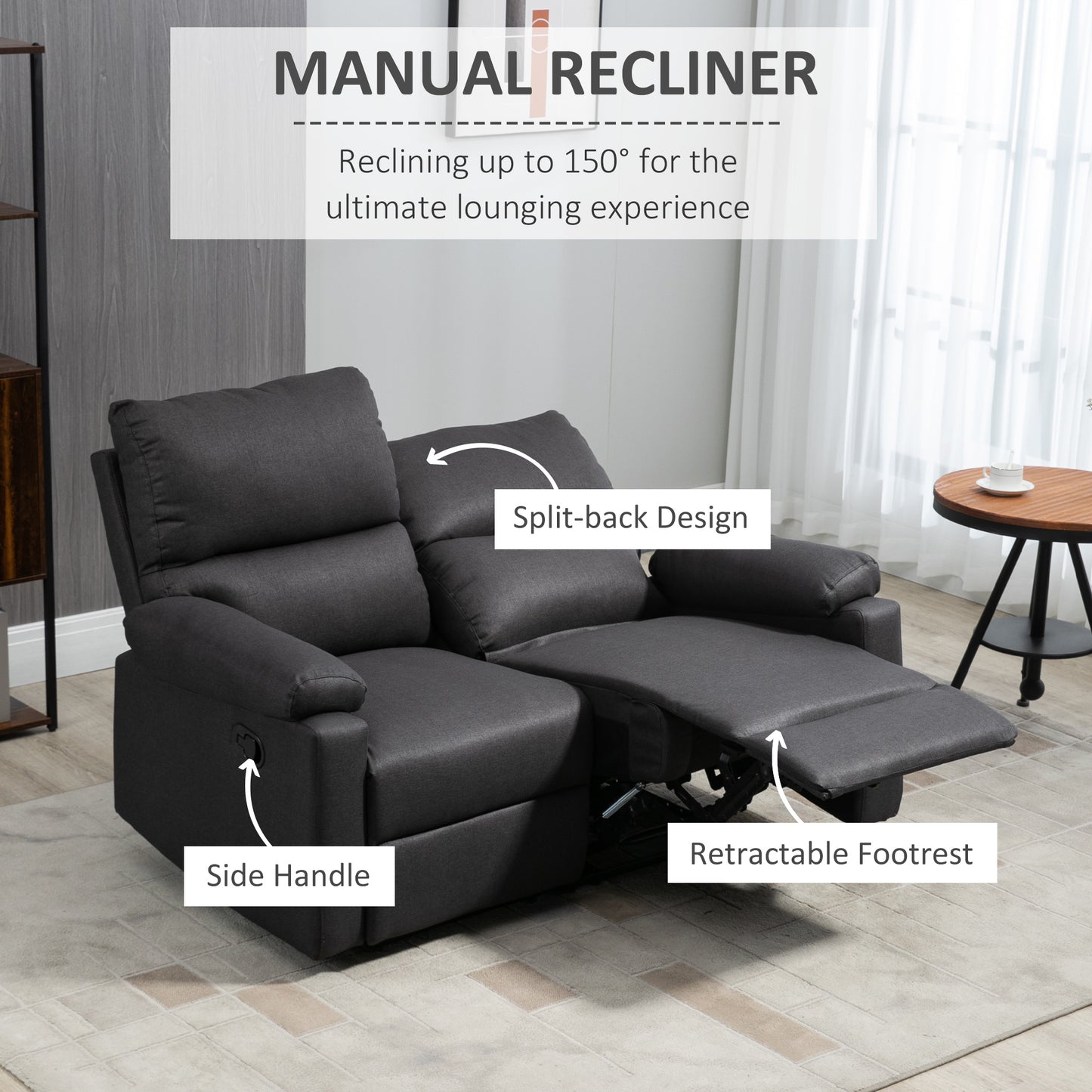 2 Seater Reclining Chair, Loveseat Recliner Sofa with Footrest and Split Backrest, Dark Grey