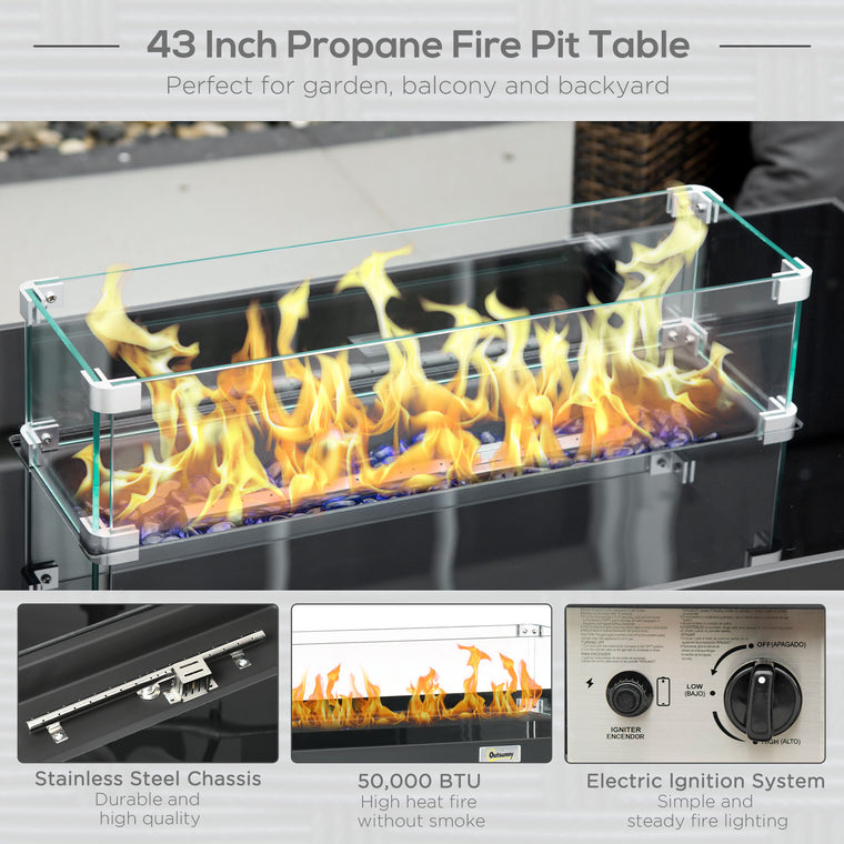 Grey 43" Wicker Propane Fire Pit Table with Wind Guard