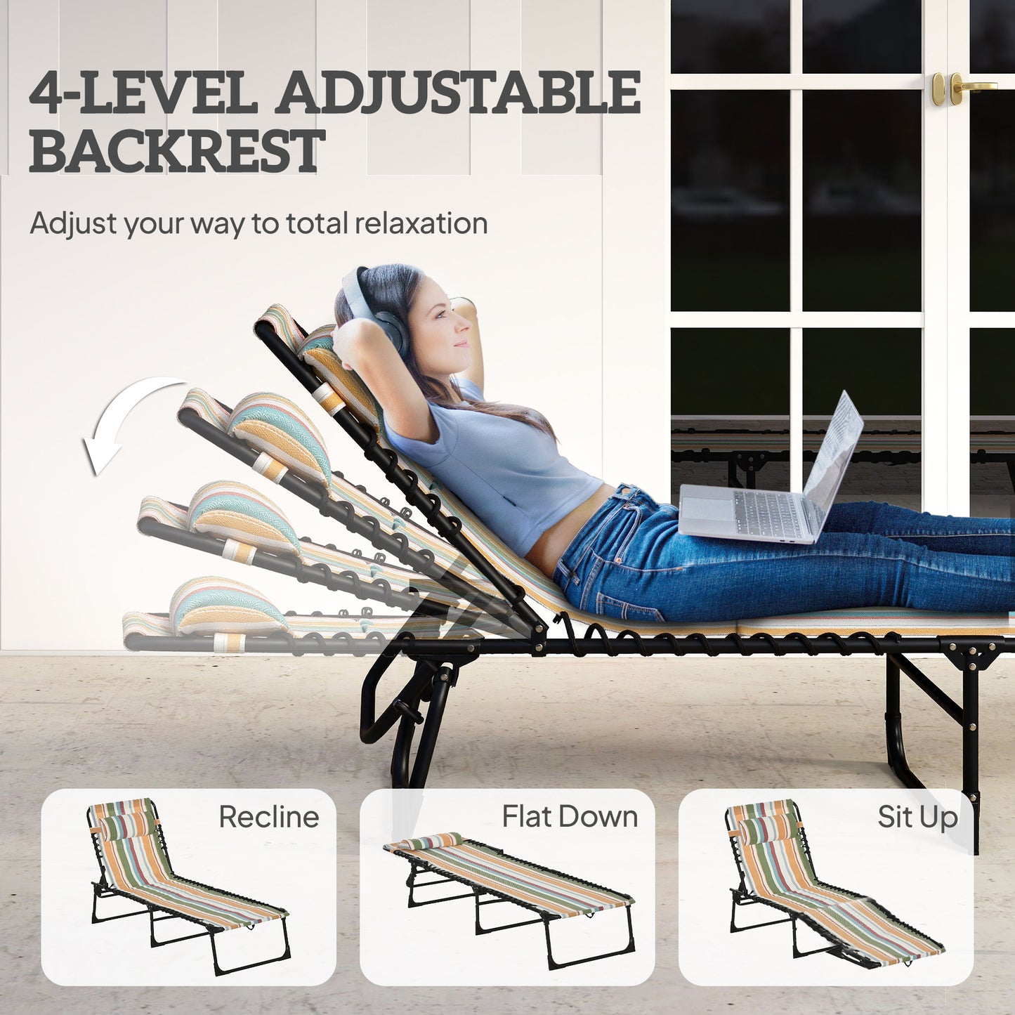 Outdoor Folding Lounge Chair, 4-Level Adjustable Chaise Lounge with Headrest, Tanning Chair Beach Bed, Reclining Lounger Cot for Camping, Hiking, Backyard, Multicoloured