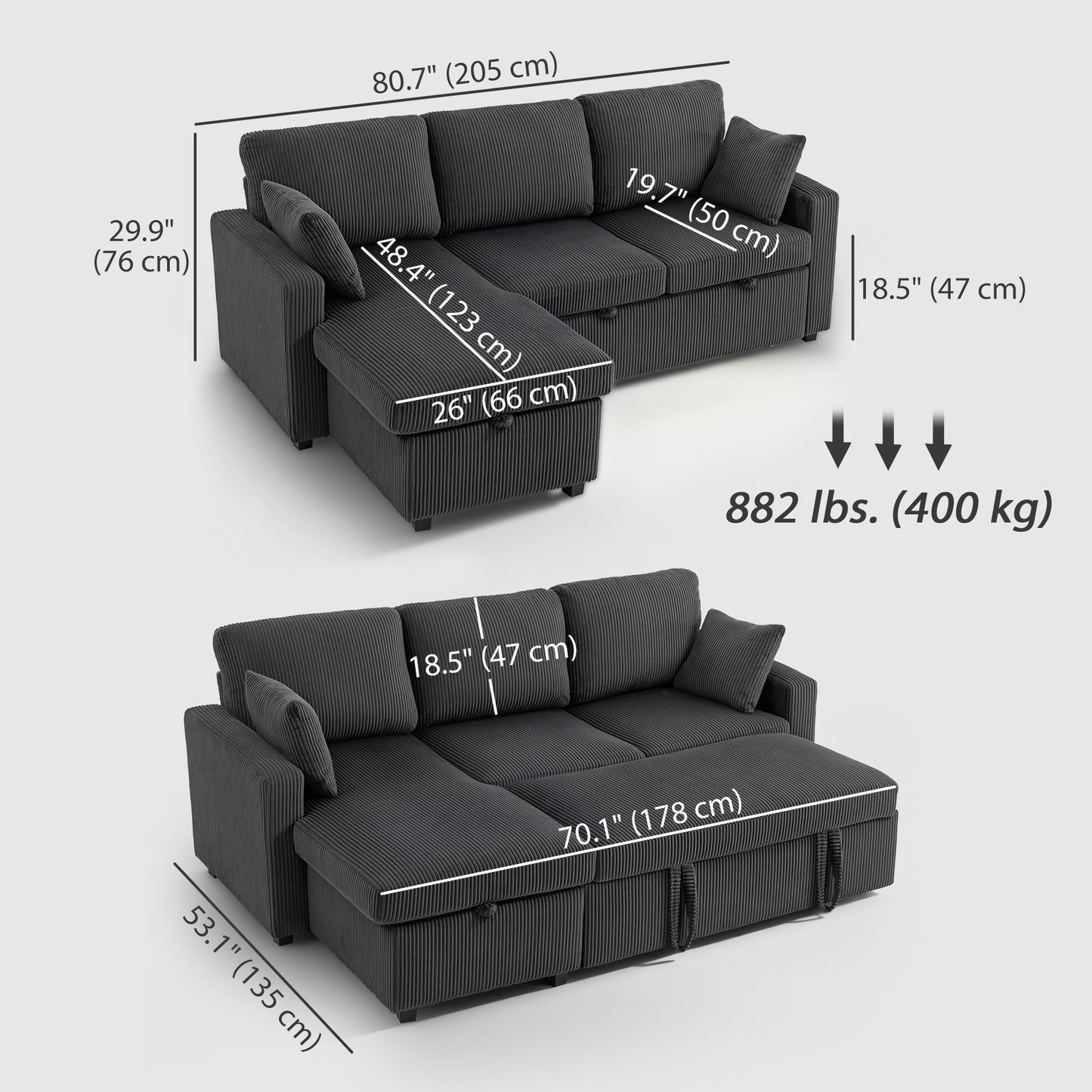 81" Pull-Out Corduroy Sofa Bed with Storage - Dark Grey