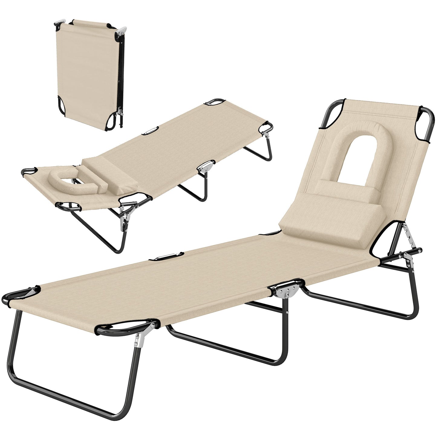 Outdoor Lounge Chair, Garden Folding Chaise Lounge w/ Adjustable Backrest, Face Hole and Support Pillow, Beige
