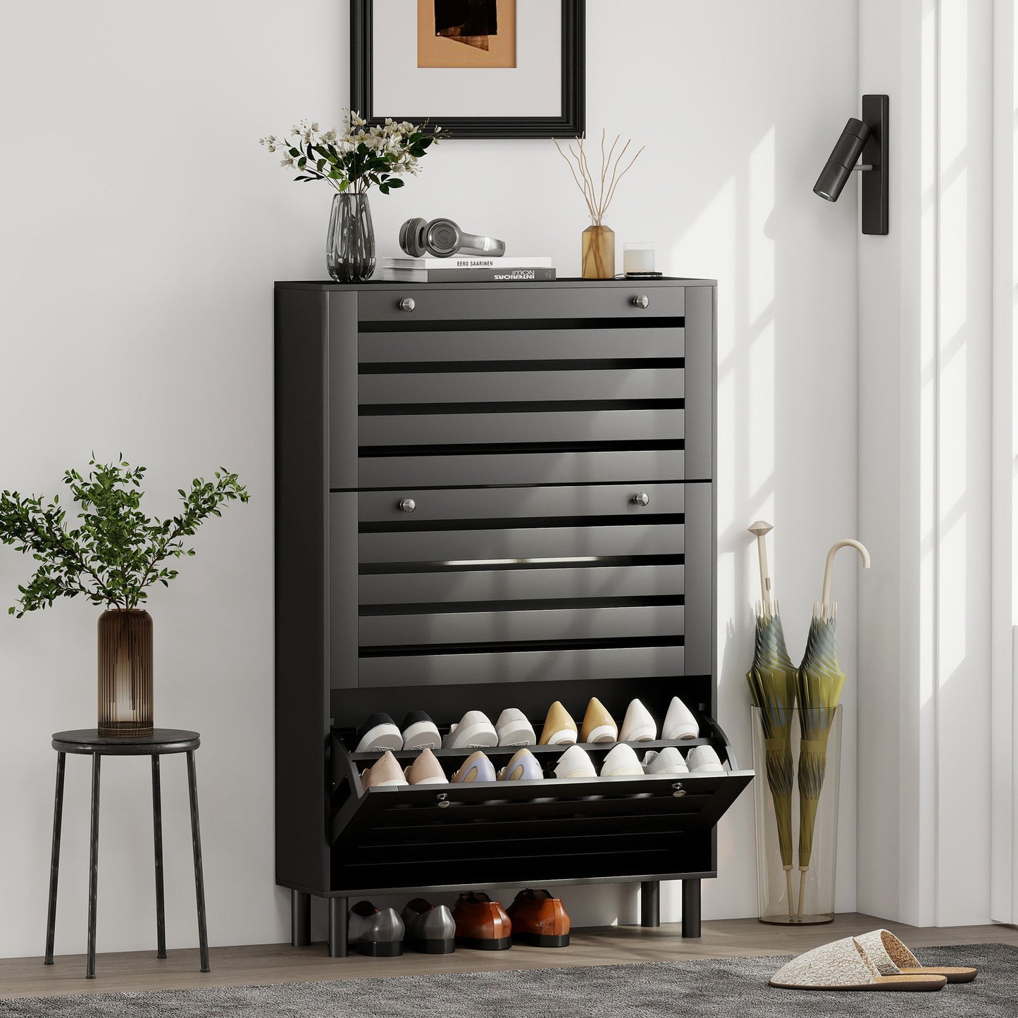 Narrow Shoe Storage Cabinet, 3 Flip Drawers, Adjustable Shelves, 18-24 Pairs Capacity, Black