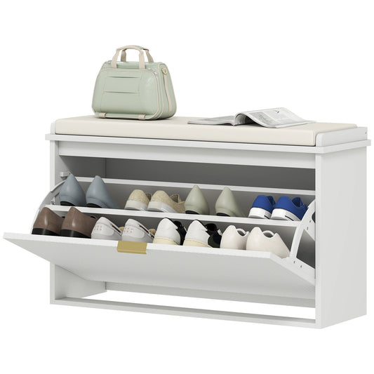 Entryway Shoe Storage Bench with Flip-Drawers - White
