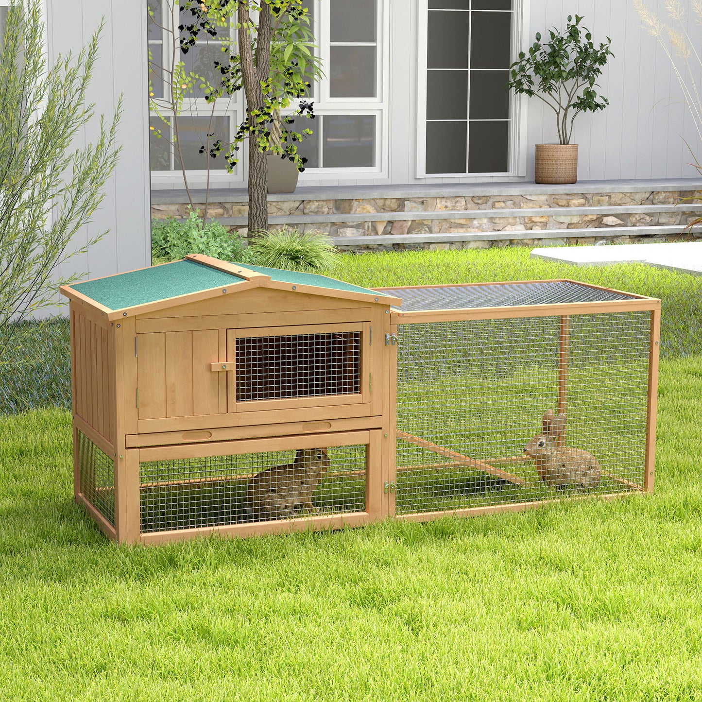 62'' L 2-Story Rabbit Hutch Bunny Cage Small Animal House with Pull Out Tray, Detachable Run, Ramp, for Indoor Outdoor, Natural