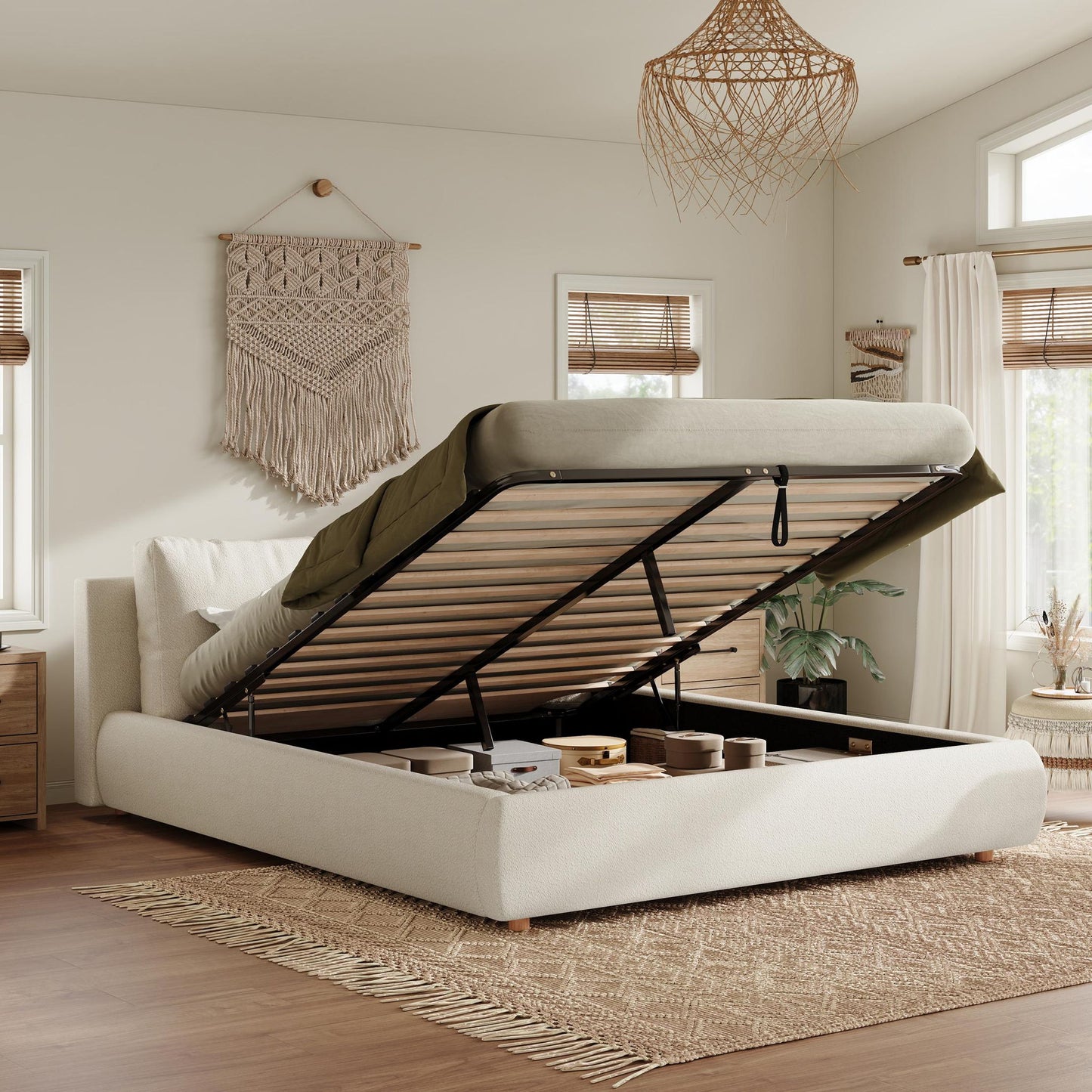 Queen Size Hydraulic Lift Storage Bed with Removable-Washable Headrests, Solid Bed Frame with Padded Cushions, 91'' L x 64'' W x 37'' H, White