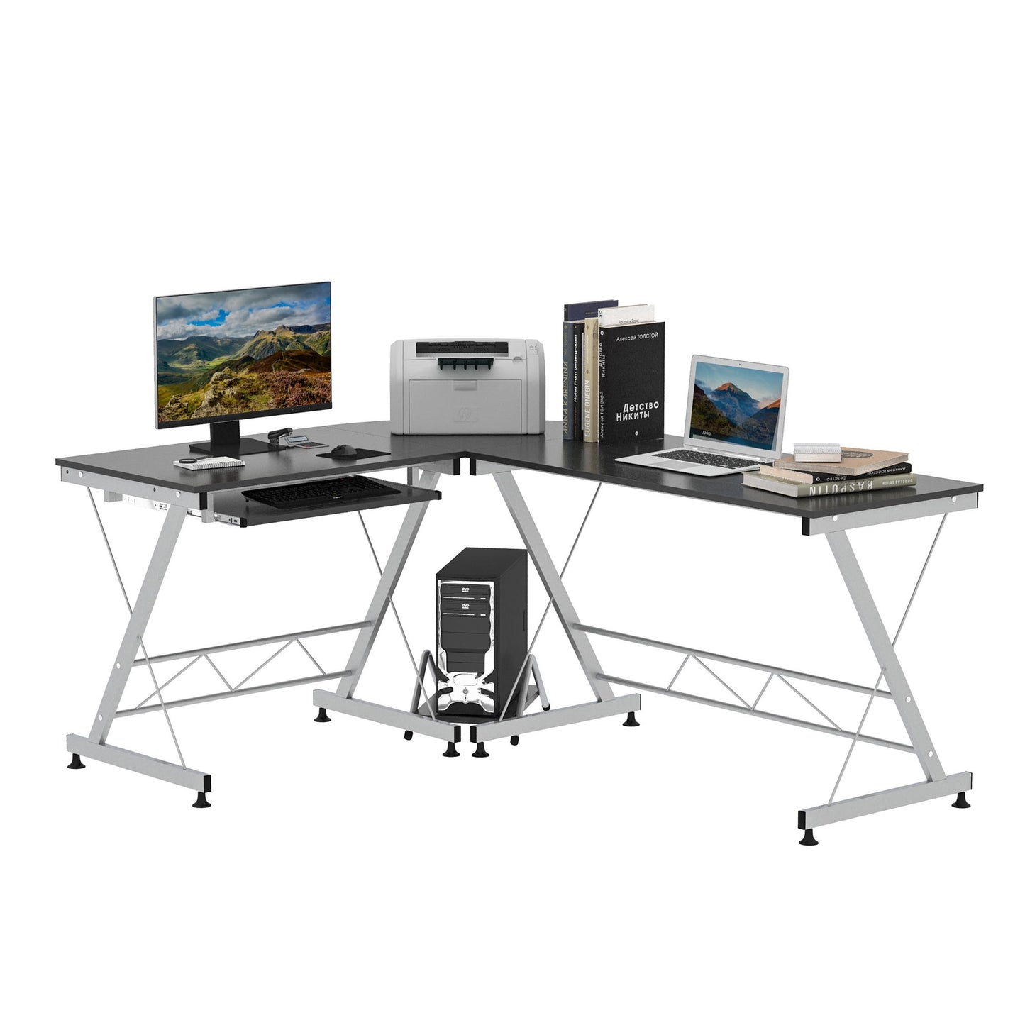 L-Shaped Computer Desk, Corner Table with Keyboard Tray for PC Laptop Desktop, Workstation Stand Home Office Furniture