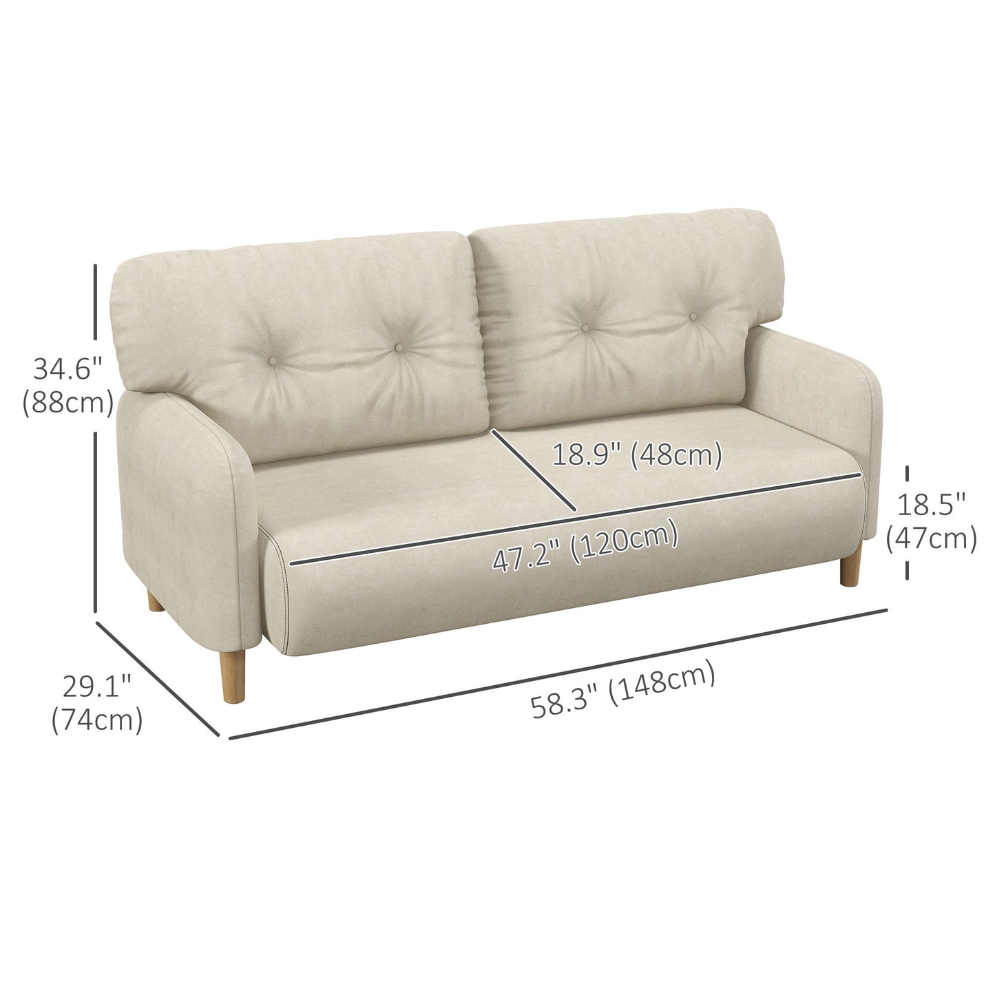 58" 2 Seat Sofa, Modern Love Seats Furniture, Upholstered 2 Seater Couch, Solid Wood Frame, Beige